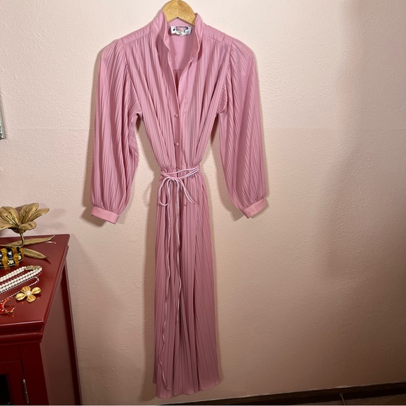 Vintage 60 70 Retro Micro Pleated Pink Balletcore High Collar Secretary Dress - Picture 15 of 17